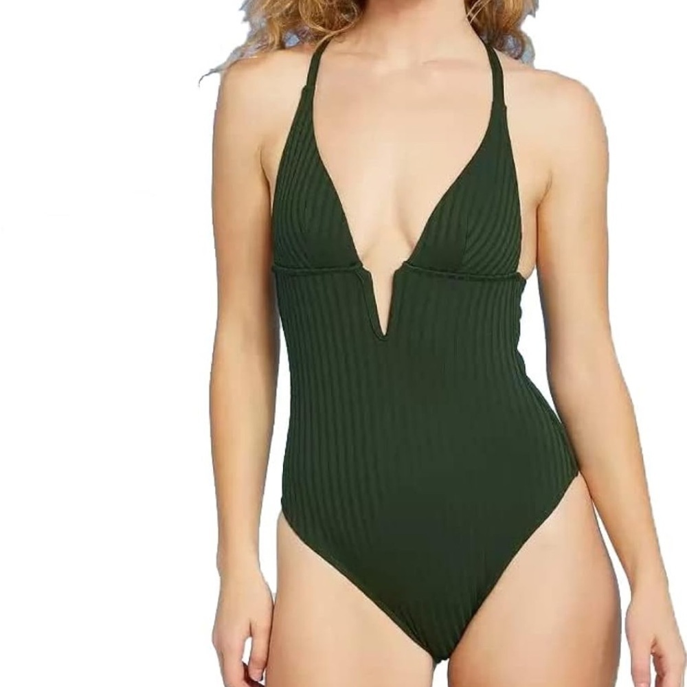 Shade & Shore Green ribbed plunge front V-wire one-piece swimsuit Size M NWT